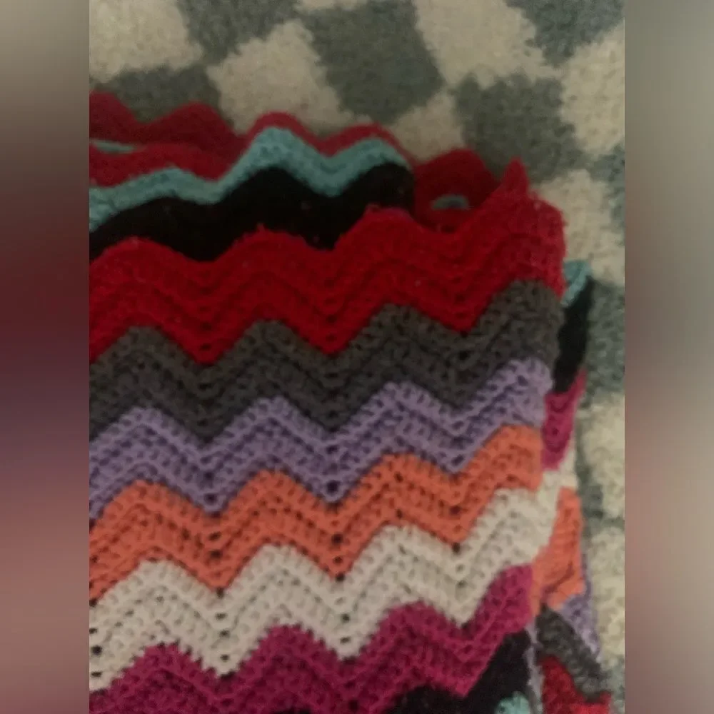 VTG Crochet Afghan Multi Color Hippie Boho Stripe Funky Large Blanket Chevron